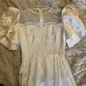 Vintage White Lace Dress with Puff Sleeves